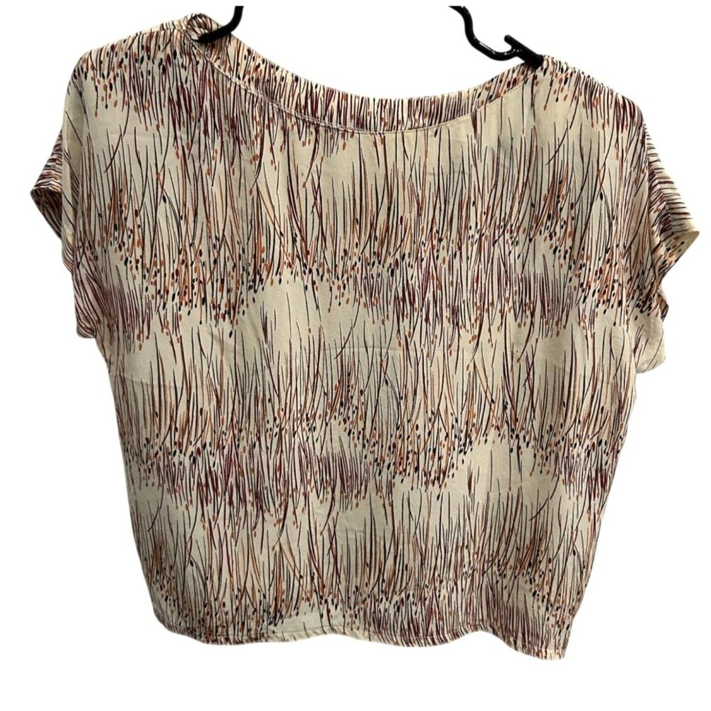 Y2K Artsy Short Sleeve Blouse Abstract Grass Print Beige Multicolor Top